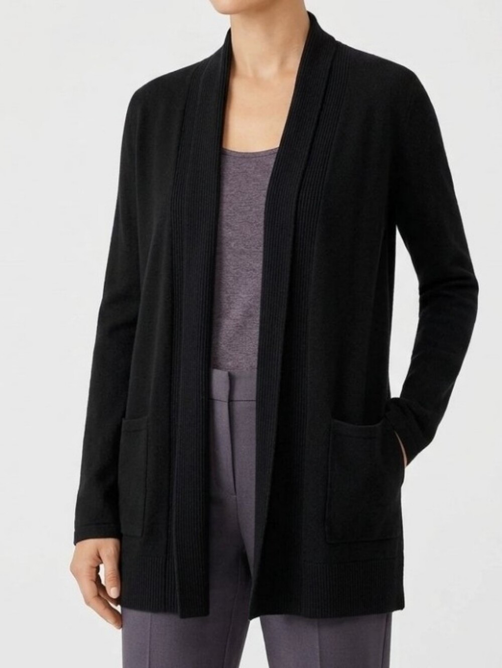 Additions by Chico’s Open Front Long Sleeve Cardigan Black Knit Cotton Nylon 0 S